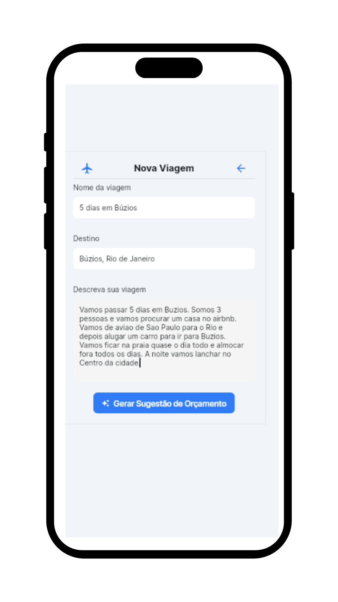 Tela de criação de nova viagem