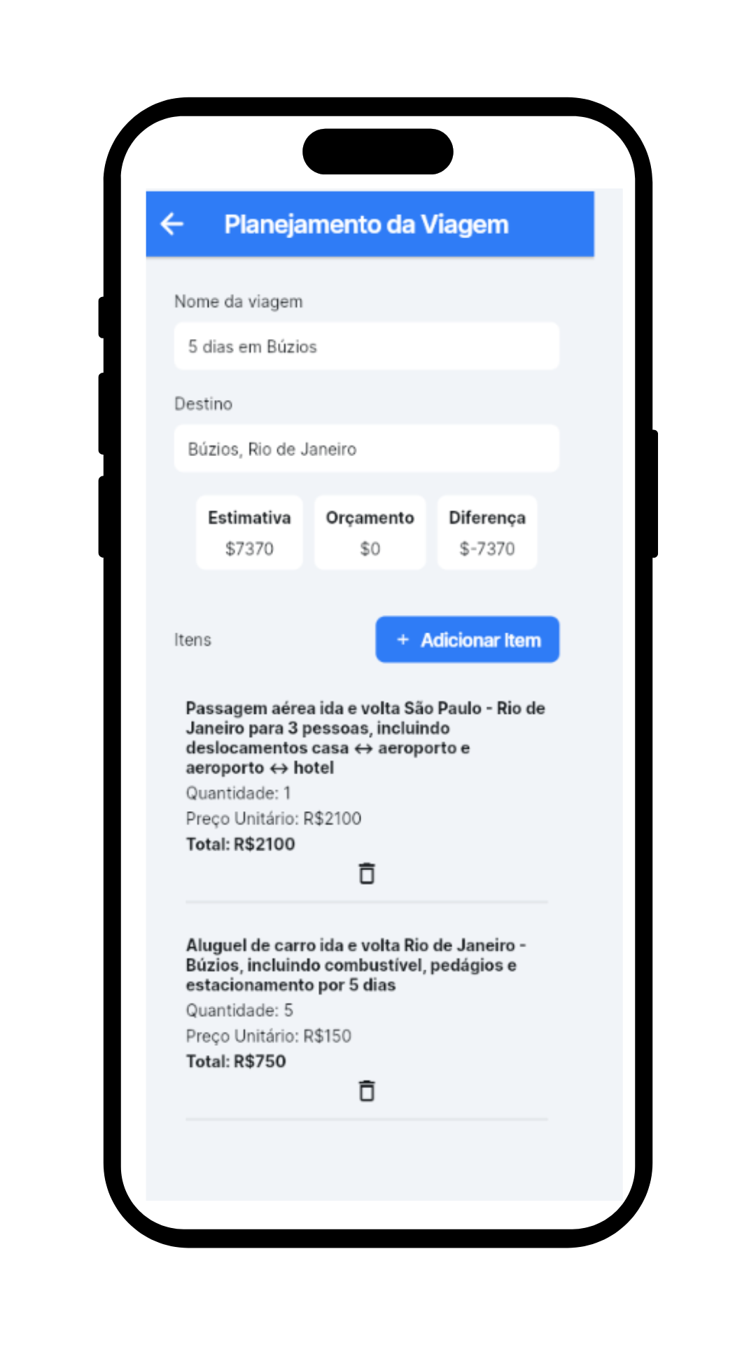 Tela de planejamento com estimativas de custos