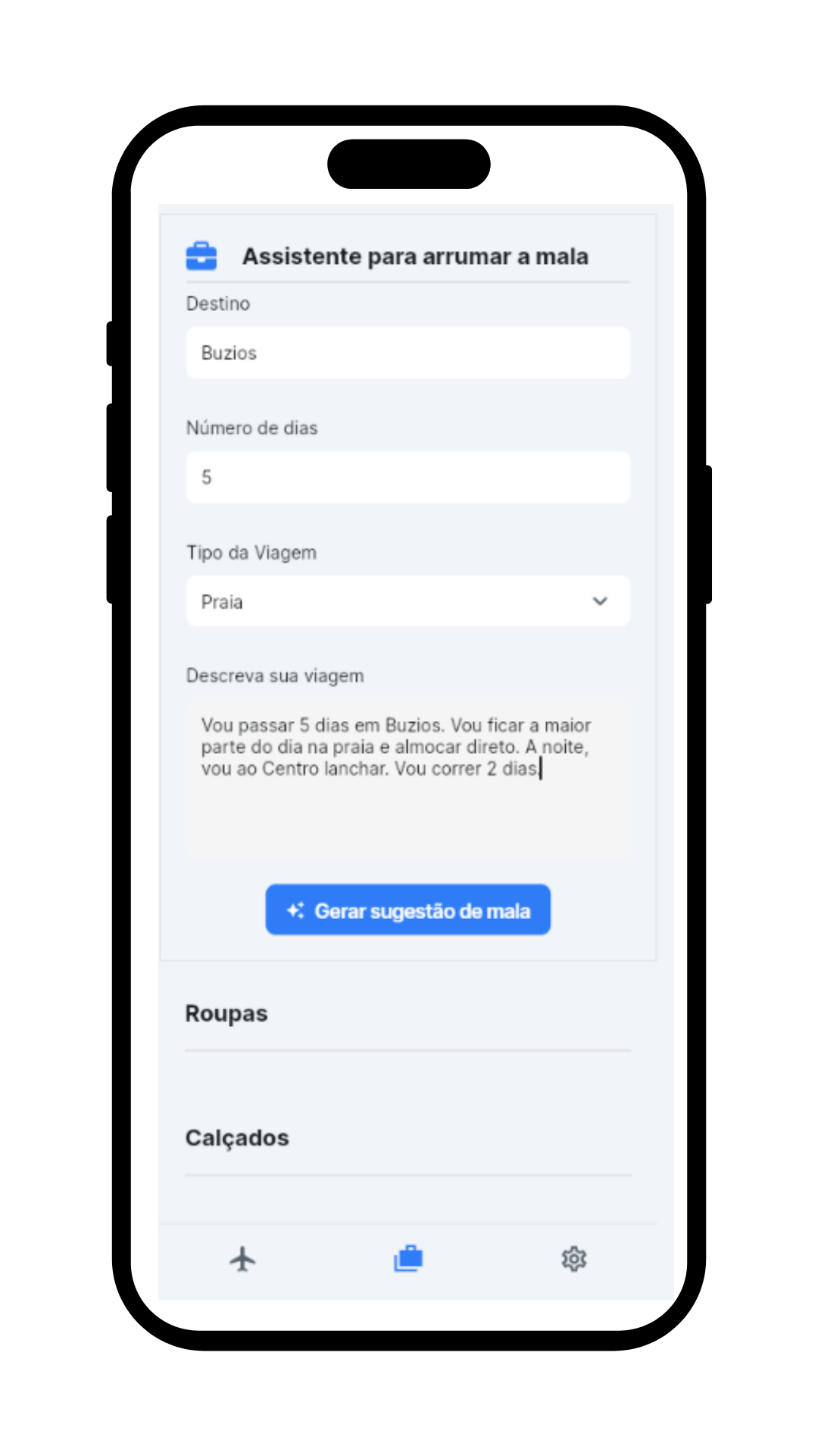 Assistente para arrumar a mala