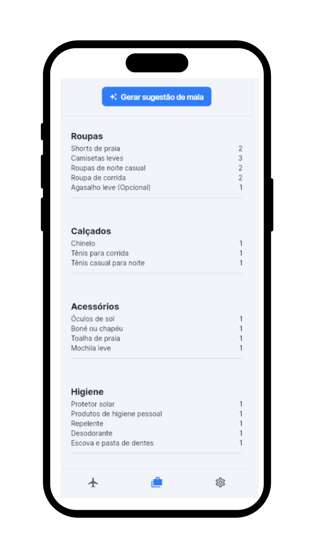 Lista de mala organizada por categorias